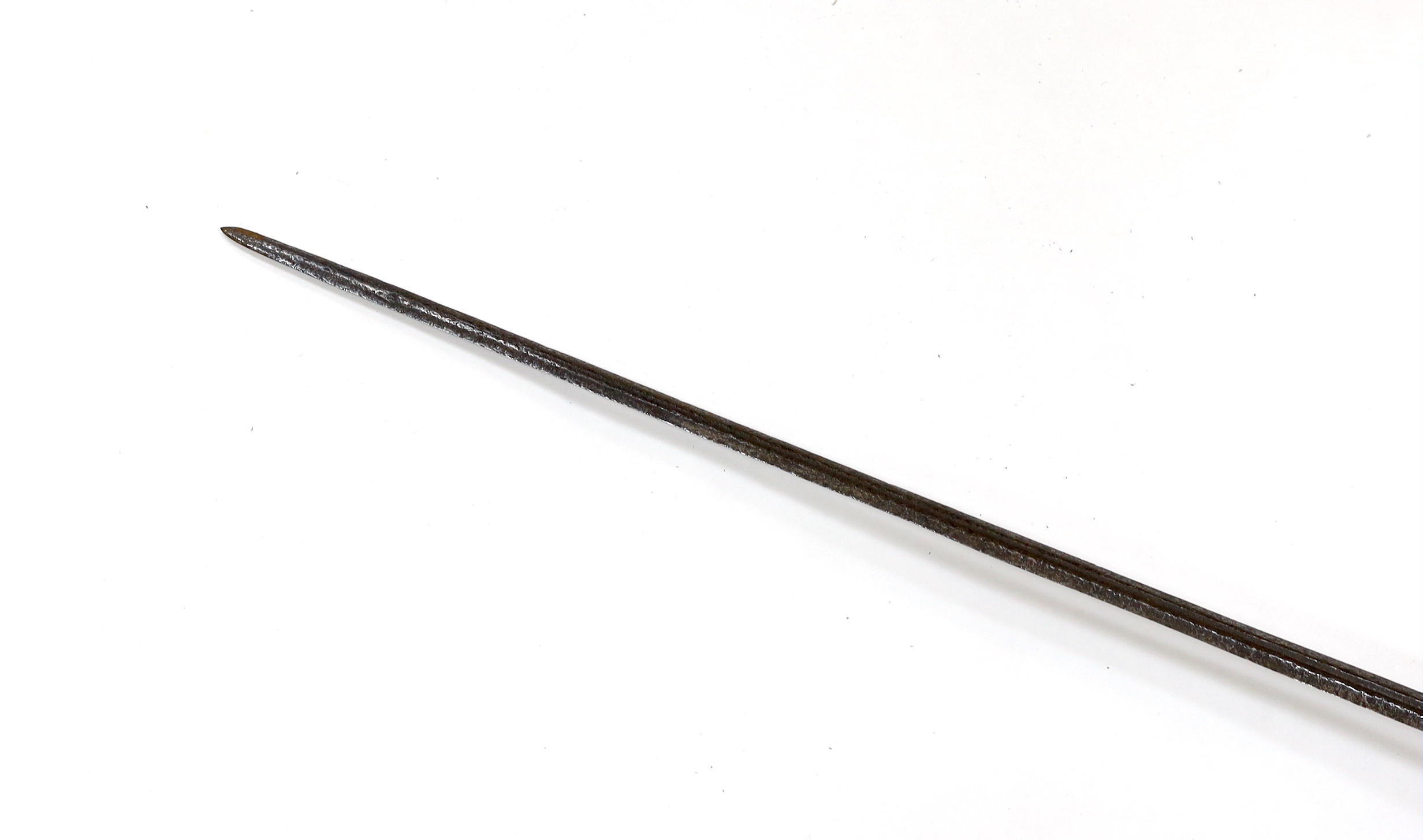 A mid 17th century English rapier, with pierced and chiselled cup guard, steel pommel and leather grip, blade 81cm